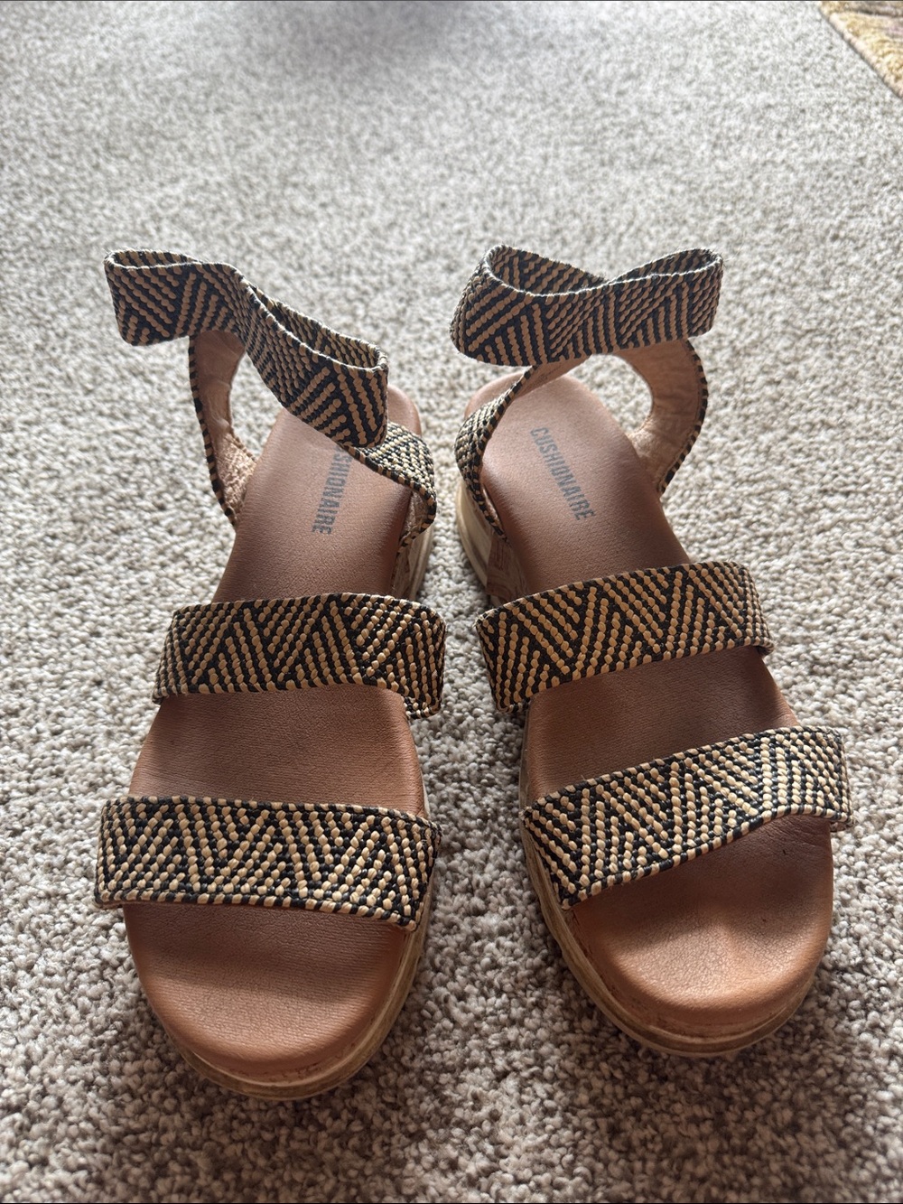 Woven Black and Tan Ankle-Strap Wedge Sandals - Women